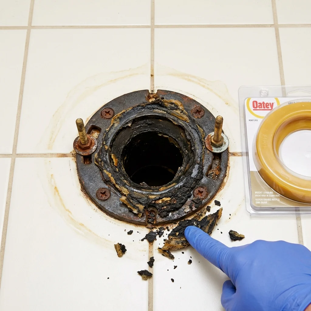 Failed wax ring showing water seepage at the base of a toilet in a Bethany, IL home