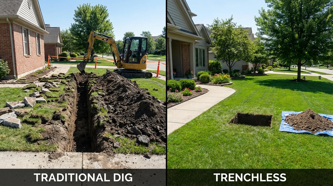 Trenchless sewer repair with minimal yard damage versus traditional excavation in Bethany, IL