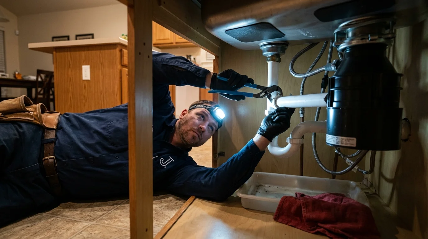 P-trap and supply line connections under a kitchen sink showing a common leak point in Bethany, IL